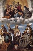 MORETTO da Brescia Saint Bernardino with Saints Jerome,Joseph,Francis and Nicholas of Bari,Virgin and Child in Glory with Saints Catherine of Alexandria and Clare oil painting artist